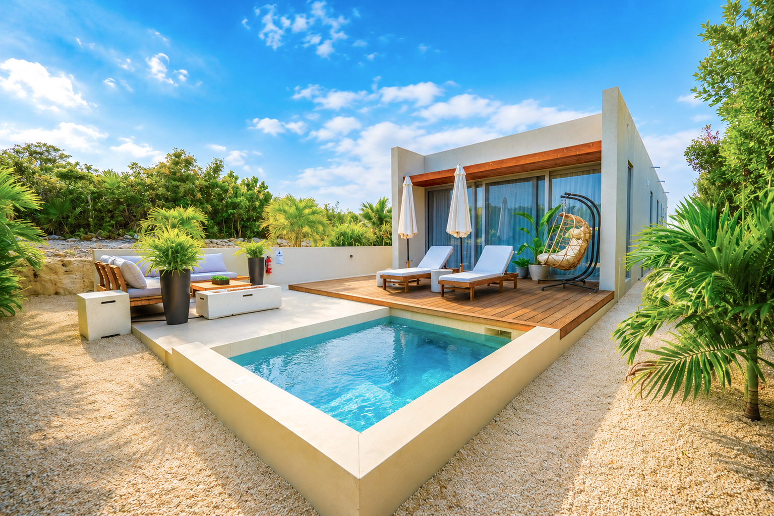 Villa Cyan private plunge pool with wooden deck, sun loungers, and tropical garden